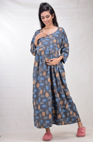 CLYMAA Woman Rayon Cotton Maternity Gown/Maternity wear/Feeding gown Sizes L to 3XL (FEEDINGR2126001GY)
