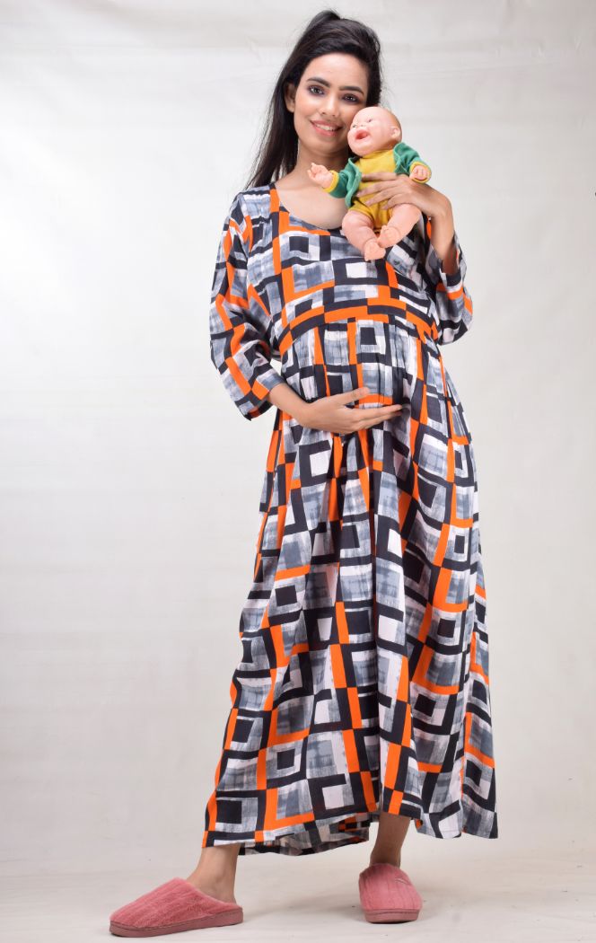 CLYMAA Woman Rayon Cotton Maternity Gown/Maternity wear/Feeding gown Sizes L to 3XL (FEEDINGR2126002GYOR)