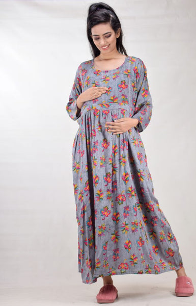 CLYMAA Woman Rayon Cotton Maternity Gown/Maternity wear/Feeding gown Sizes L to 3XL (FEEDINGR2126003GY)