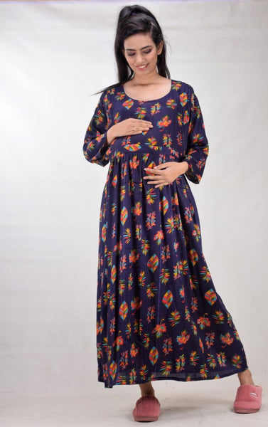 CLYMAA Woman Rayon Cotton Maternity Gown/Maternity wear/Feeding gown Sizes L to 3XL (FEEDINGR2126003NV)