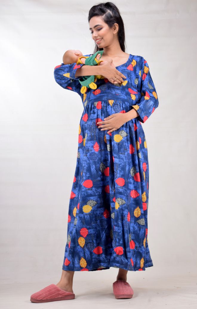 CLYMAA Woman Rayon Cotton Maternity Gown/Maternity wear/Feeding gown Sizes L to 3XL (FEEDINGR2126004BL)