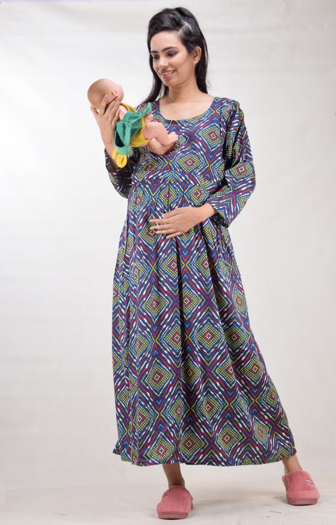 CLYMAA Woman Rayon Cotton Maternity Gown/Maternity wear/Feeding gown Sizes L to 3XL (FEEDINGR2126006NVY)