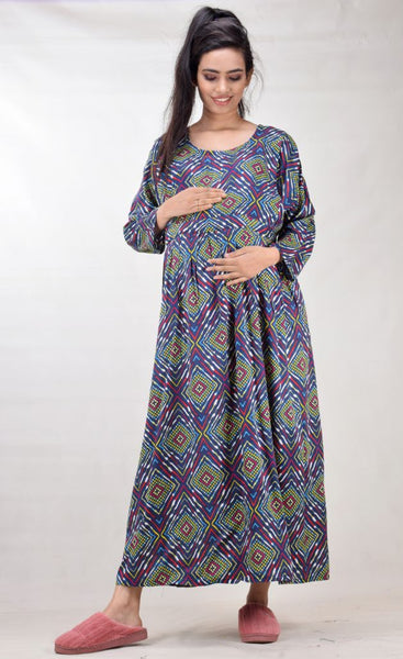 CLYMAA Woman Rayon Cotton Maternity Gown/Maternity wear/Feeding gown Sizes L to 3XL (FEEDINGR2126006NVY)