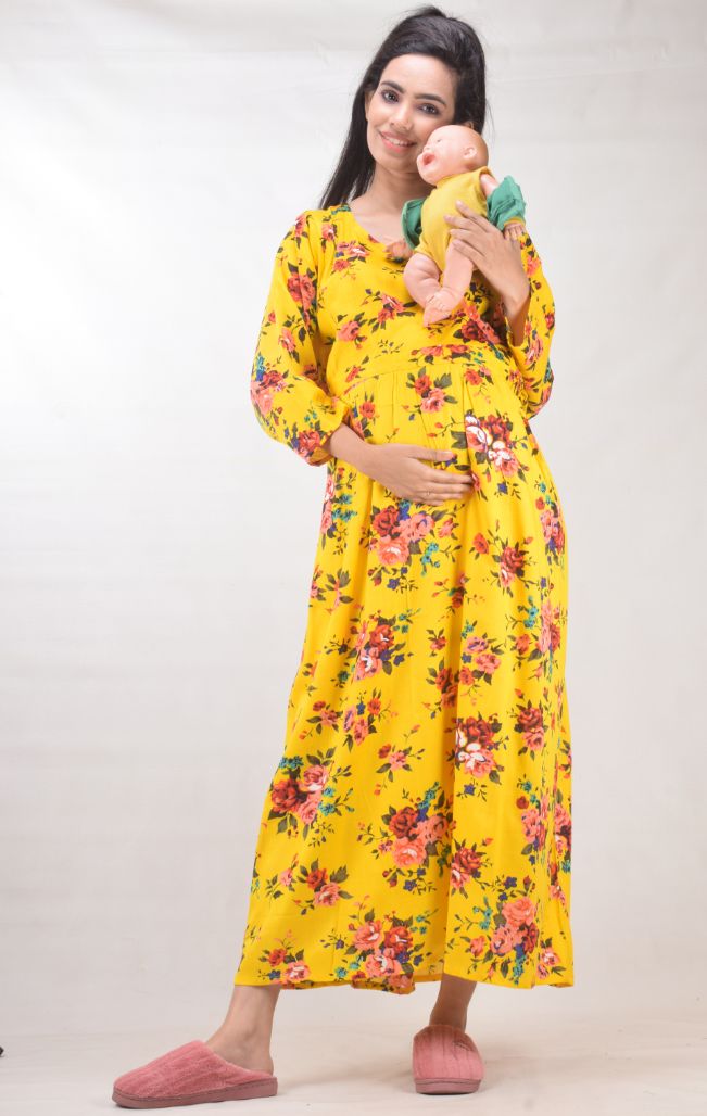 CLYMAA Woman Rayon Cotton Maternity Gown/Maternity wear/Feeding gown Sizes L to 3XL (FEEDINGR2126007Y)