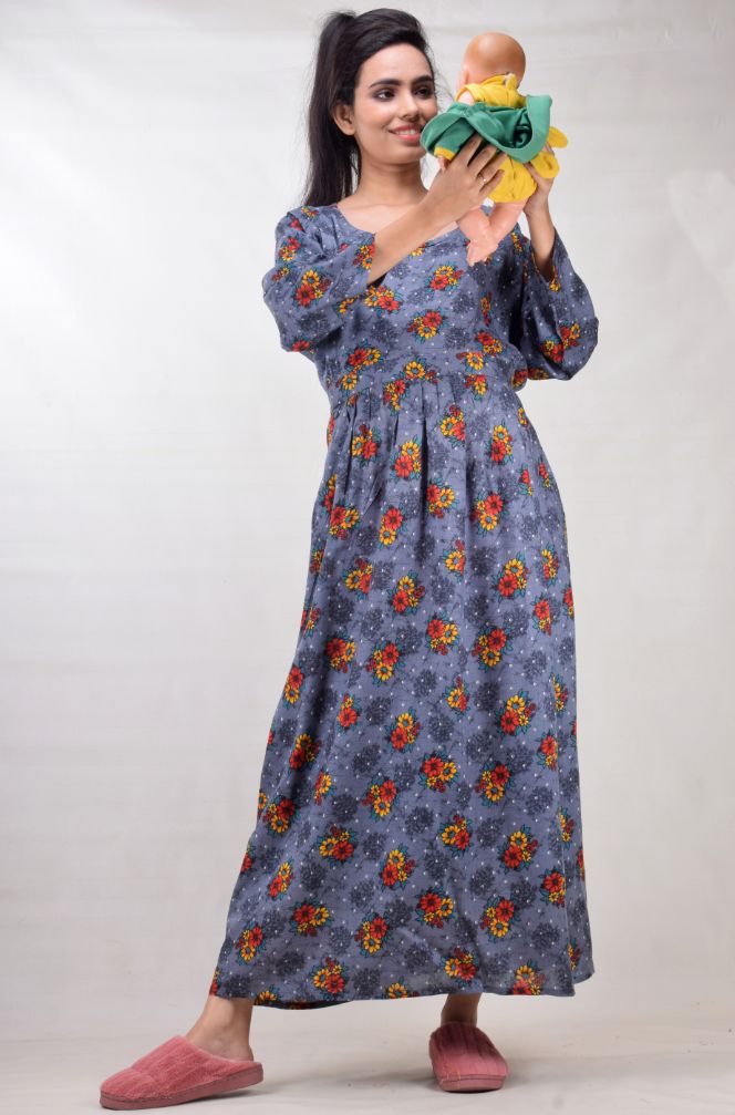 CLYMAA Woman Rayon Cotton Maternity Gown/Maternity wear/Feeding gown Sizes L to 3XL (FEEDINGR2126008GY)