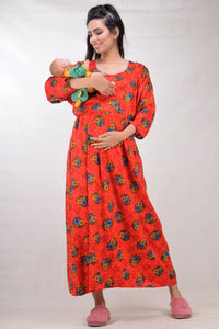 CLYMAA Woman Rayon Cotton Maternity Gown/Maternity wear/Feeding gown Sizes L to 3XL (FEEDINGR2126008RD)