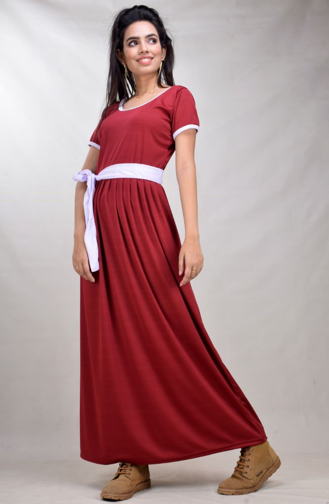 chinese dress ladies CLYMAA Women Stylish Stretchable Maxi-Length Gown with Belt in Solid C