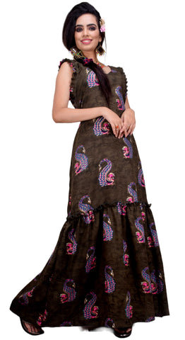 Clymaa Women's Printed Sleeveless Long Gown (GR2228003OL)