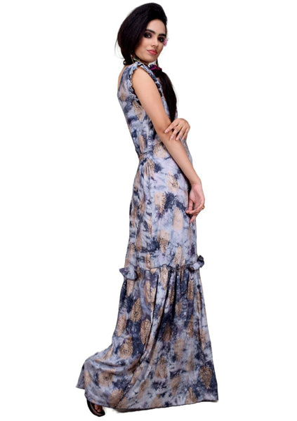 Clymaa Women's Printed Sleeveless Long Gown (GR2228004GY)