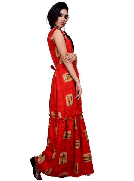 Clymaa Women's Printed Sleeveless Long Gown (GR2228005RD)
