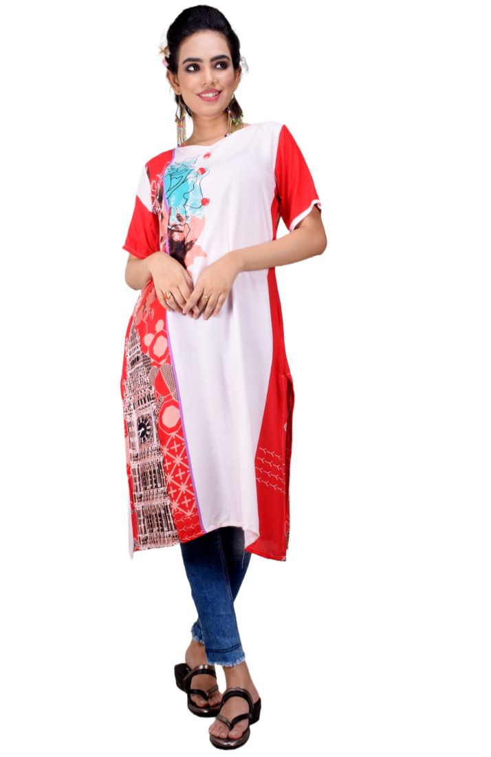 Clymaa Women's  Full Length Half Sleeve Rayon Kurti (KCR221152004RD)