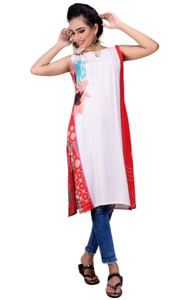 Clymaa Women's  Full Length Sleeveless Rayon Kurti (KRFS22175004RD)