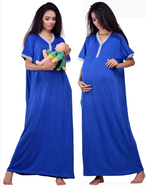 Summer Special Half sleeves front open Hosiery cotton multi purpose nightgown ( Royal Blue Color )