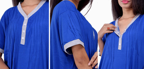 Summer Special Half sleeves front open Hosiery cotton multi purpose nightgown ( Royal Blue Color )