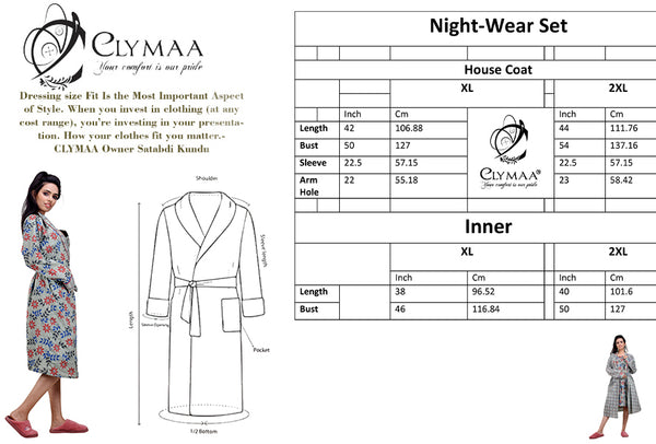CLYMAA Women Exclusive Pure Cotton Two pcs Night Gown Set Sleeveless Inner with Full Sleeves Robe/Housecoat-(TWSHORT2138016BL)