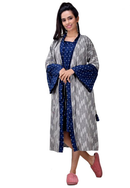 CLYMAA Women Exclusive Pure Cotton Two pcs Night Gown Set Sleeveless Inner with Full Sleeves Robe/Housecoat-(TWMIXSHORT2134011GYNV)