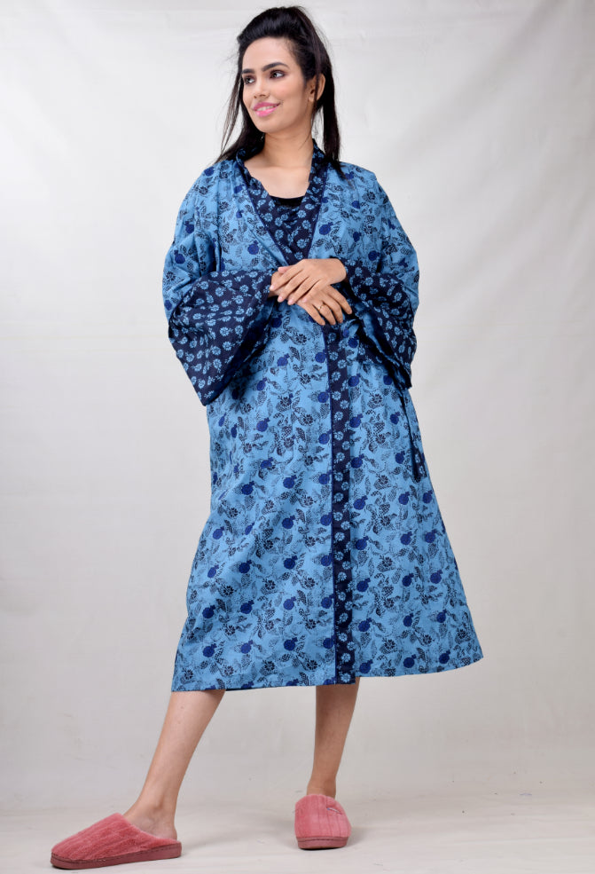 CLYMAA Women Exclusive Pure Cotton Two pcs Night Gown Set Sleeveless Inner  with Full Sleeves Robe/Housecoat-(TWMIXSHORT2134014NV)