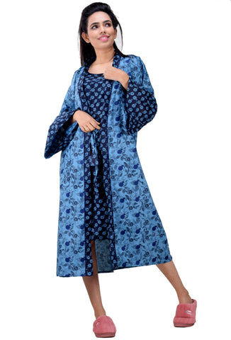 CLYMAA Women Exclusive Pure Cotton Two pcs Night Gown Set Sleeveless Inner with Full Sleeves Robe/Housecoat-(TWMIXSHORT2134014NV)