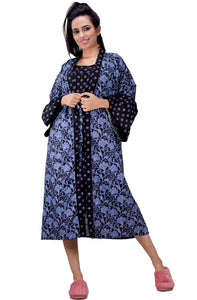 CLYMAA Women Exclusive Pure Cotton Two pcs Night Gown Set Sleeveless Inner with Full Sleeves Robe/Housecoat-(TWMIXSHORT2134019LB)