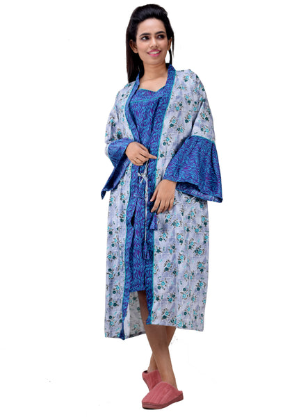 CLYMAA Women Exclusive Pure Cotton Two pcs Night Gown Set Sleeveless Inner with Full Sleeves Robe/Housecoat-(TWMIXSHORT2134025GYSB)