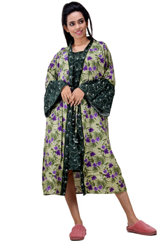 CLYMAA Women Exclusive Pure Cotton Two pcs Night Gown Set Sleeveless Inner with Full Sleeves Robe/Housecoat-(TWMIXSHORT2134006BTG)