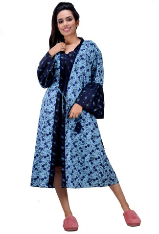 CLYMAA Women Exclusive Pure Cotton Two pcs Night Gown Set Sleeveless Inner with Full Sleeves Robe/Housecoat-(TWMIXSHORT2134009NV)