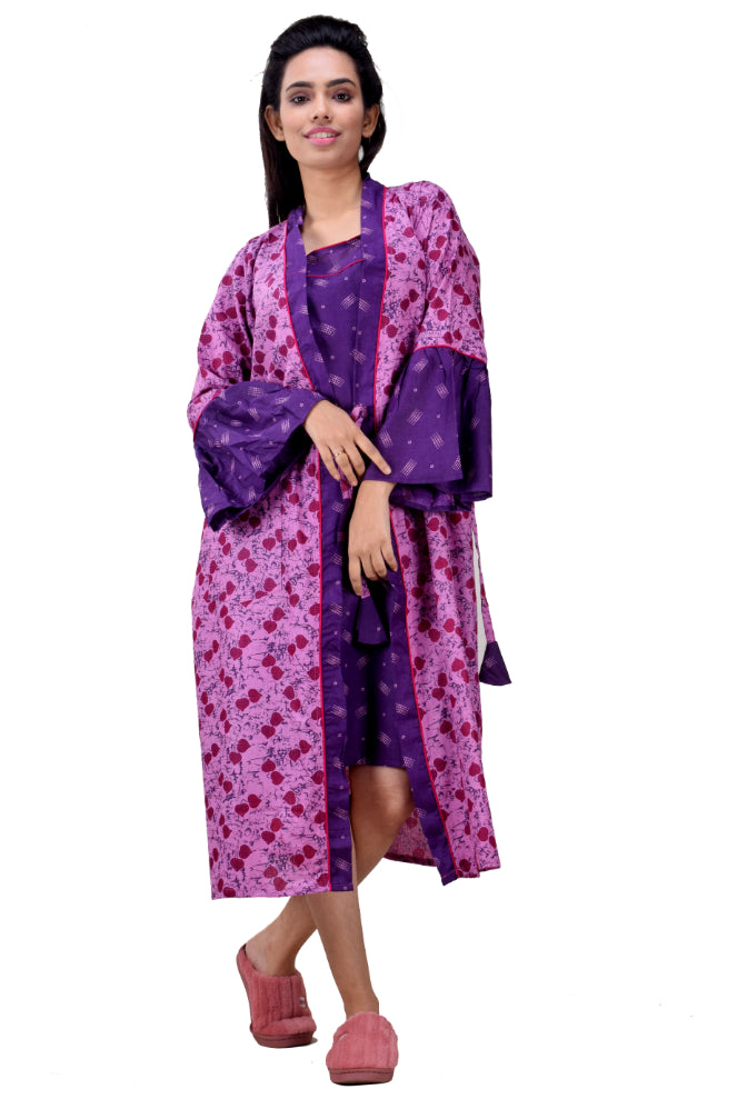 CLYMAA Women Exclusive Pure Cotton Two pcs Night Gown Set Sleeveless Inner with Full Sleeves Robe/Housecoat-(TWMIXSHORT2134009PR)