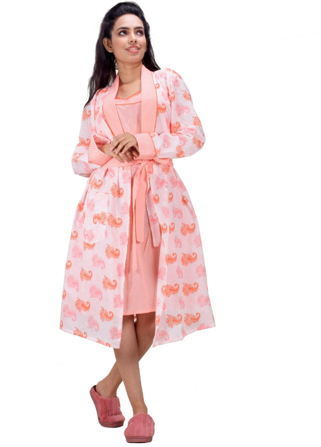 CLYMAA Women Exclusive Pure Cotton Two pcs Night Gown Set Sleeveless Inner with Full Sleeves Robe/Housecoat-(TWSHORT2138009CR)