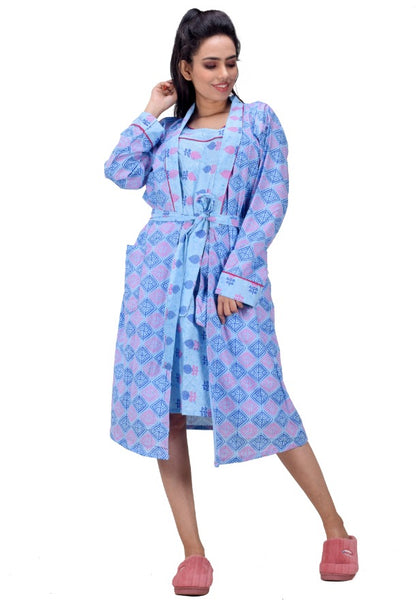 CLYMAA Women Exclusive Pure Cotton Two pcs Night Gown Set Sleeveless Inner with Full Sleeves Robe/Housecoat-(TWSHORT2138015BL)