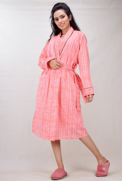CLYMAA Women Exclusive Pure Cotton Two pcs Night Gown Set Sleeveless Inner with Full Sleeves Robe/Housecoat-(TWSHORT2138020CR)