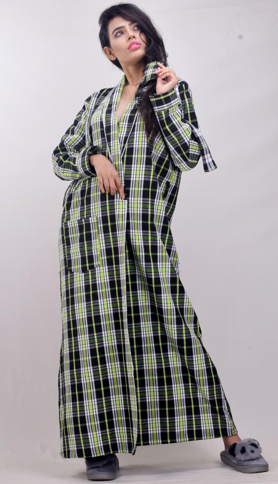 Buy WILDSELF Winter Cots Wool Checkered Collar Styled Night Gown
