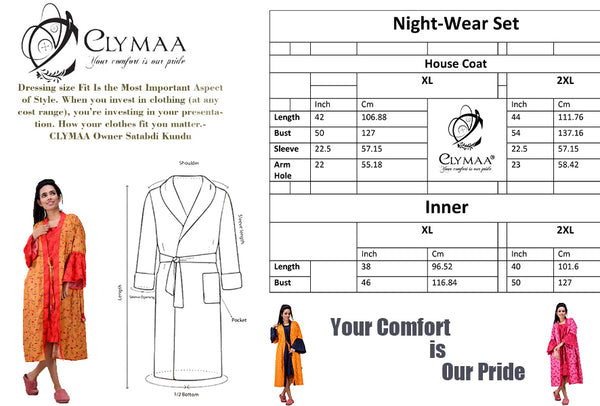 CLYMAA Women Exclusive Pure Cotton Two pcs Night Gown Set Sleeveless Inner with Full Sleeves Robe/Housecoat-(TWMIXSHORT2134019LG)